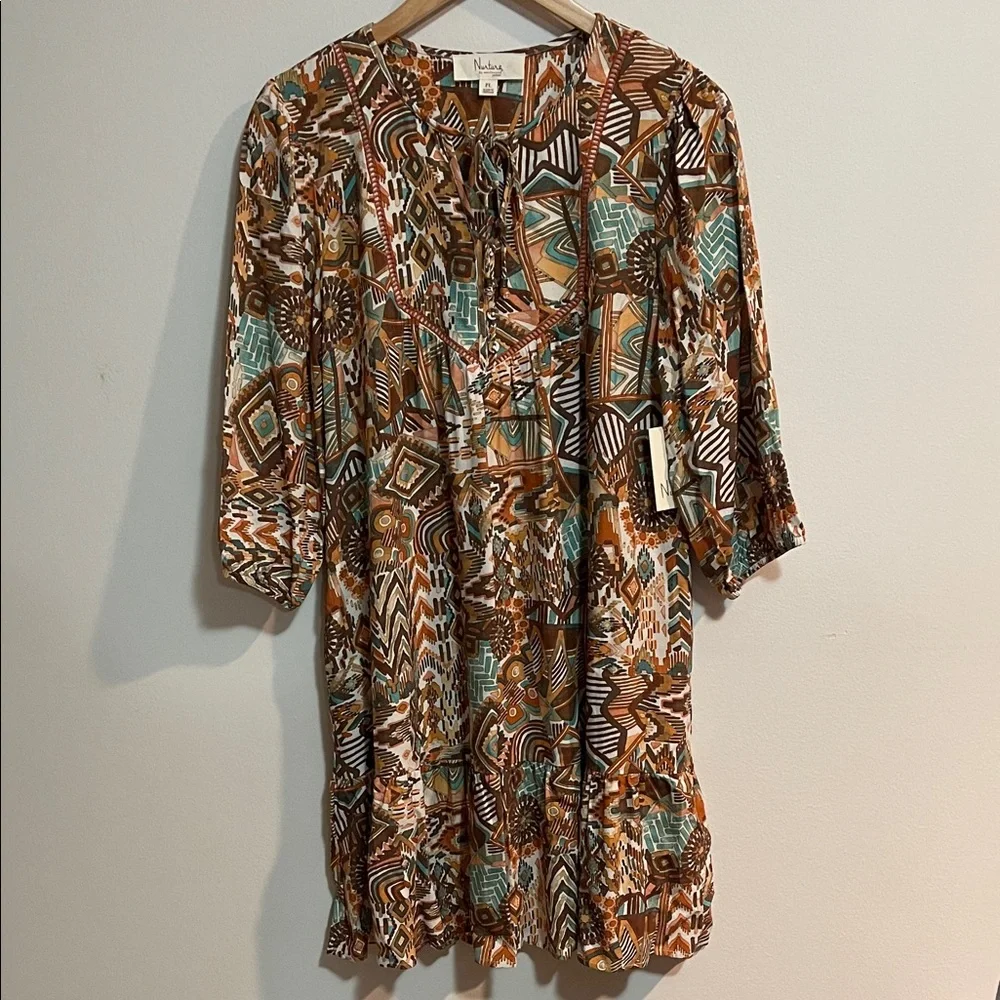 Nurture Turquoise & Brown Patterned Tie-Neck Women’s Dress SZ PL - Picture 1 of 8